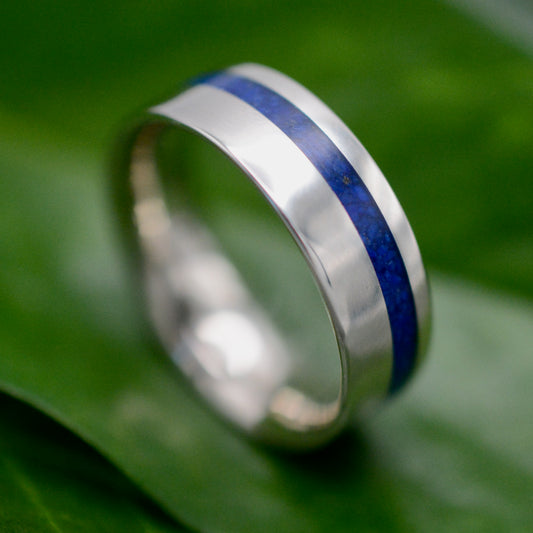 Equinox lapis lazuli ring with 14k recycled white gold, deep blue stone and white gold band