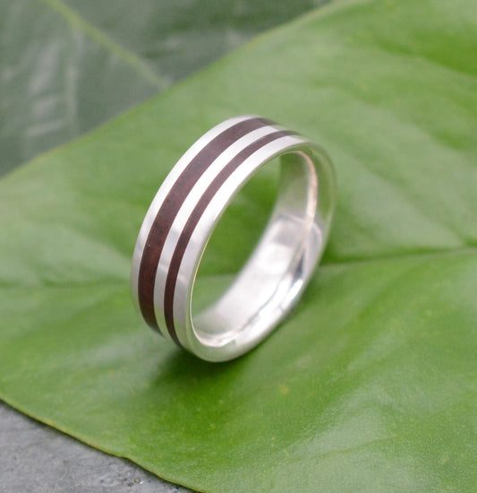 Silver Wood Wedding Band with Nacascolo Wood, Rayo de Luz, handmade in Louisville, KY