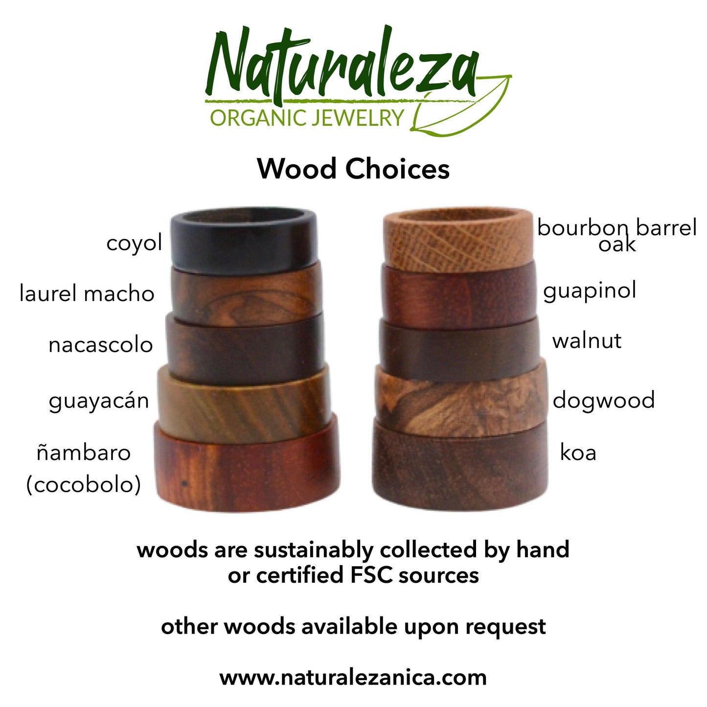 The image is an advertisement for a jewelry company called "Naturalza Organic Jewelry", showcasing various types of wooden rings made from different woods.
