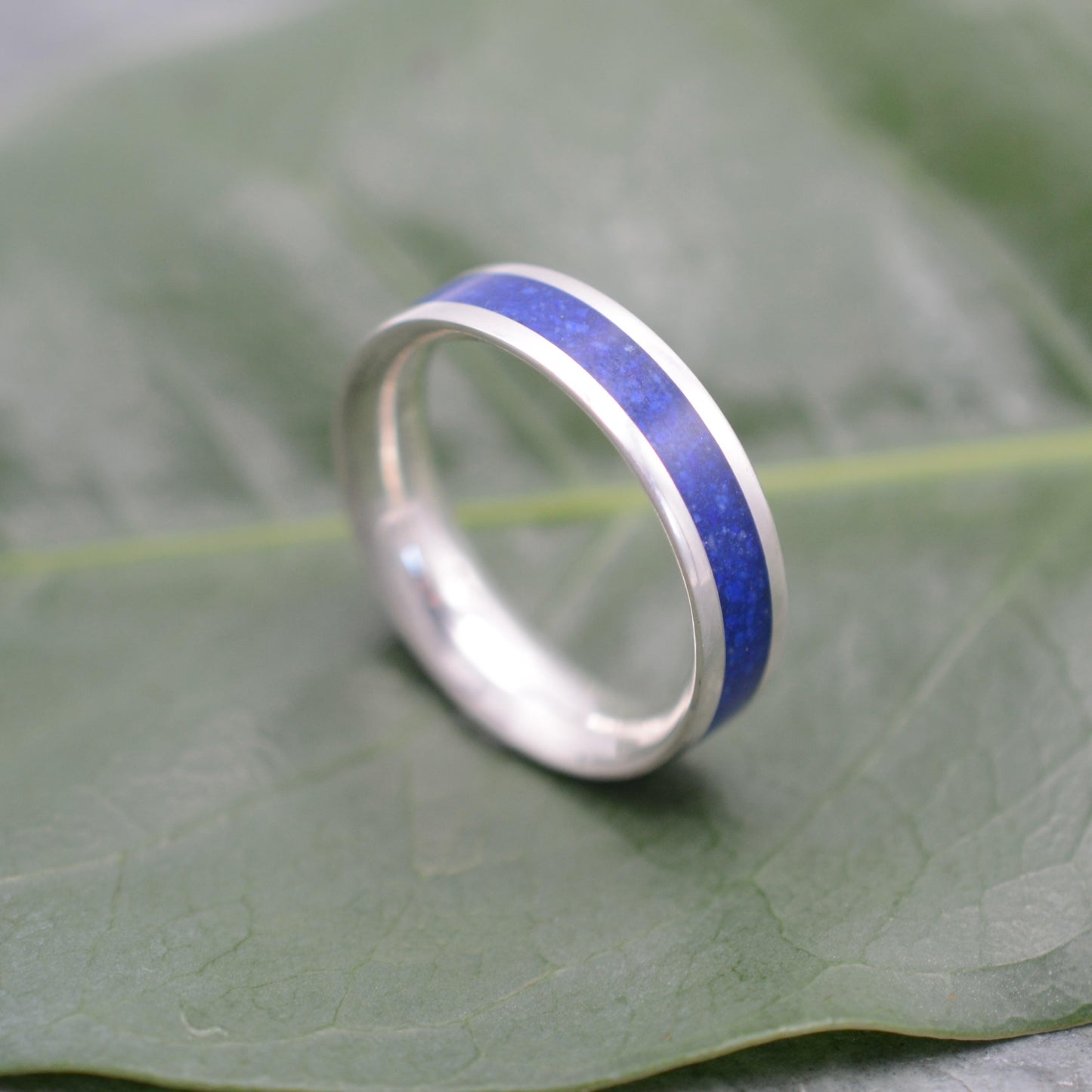 a silver ring with a blue stripe sitting on a leaf