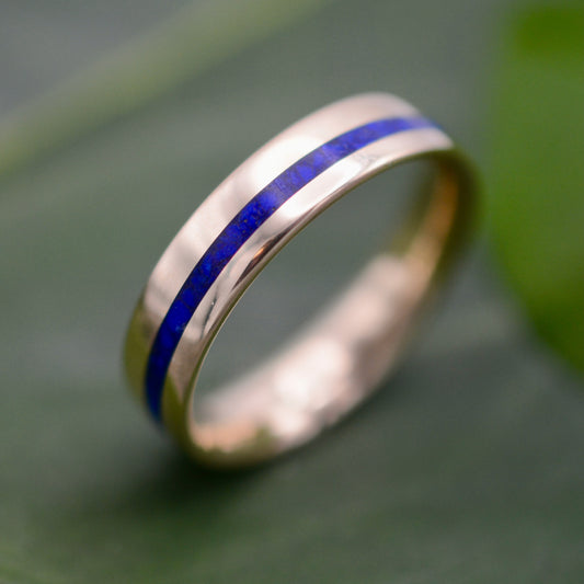 Lapis lazuli wedding band with deep blue stone and recycled yellow gold