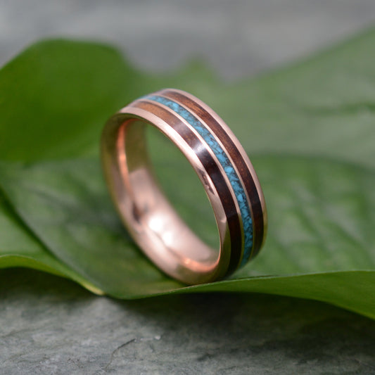 Meridian rose gold ring with crushed turquoise inlay and Hawaiian koa wood