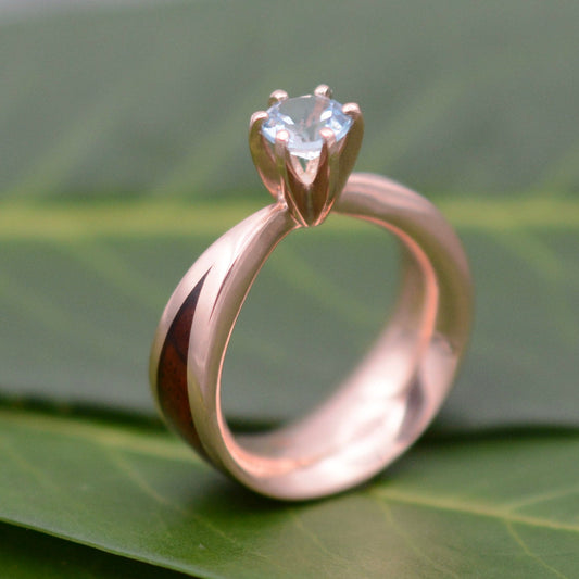 Aquamarine wood engagement ring with Kentucky walnut and recycled rose gold tapered band side profile