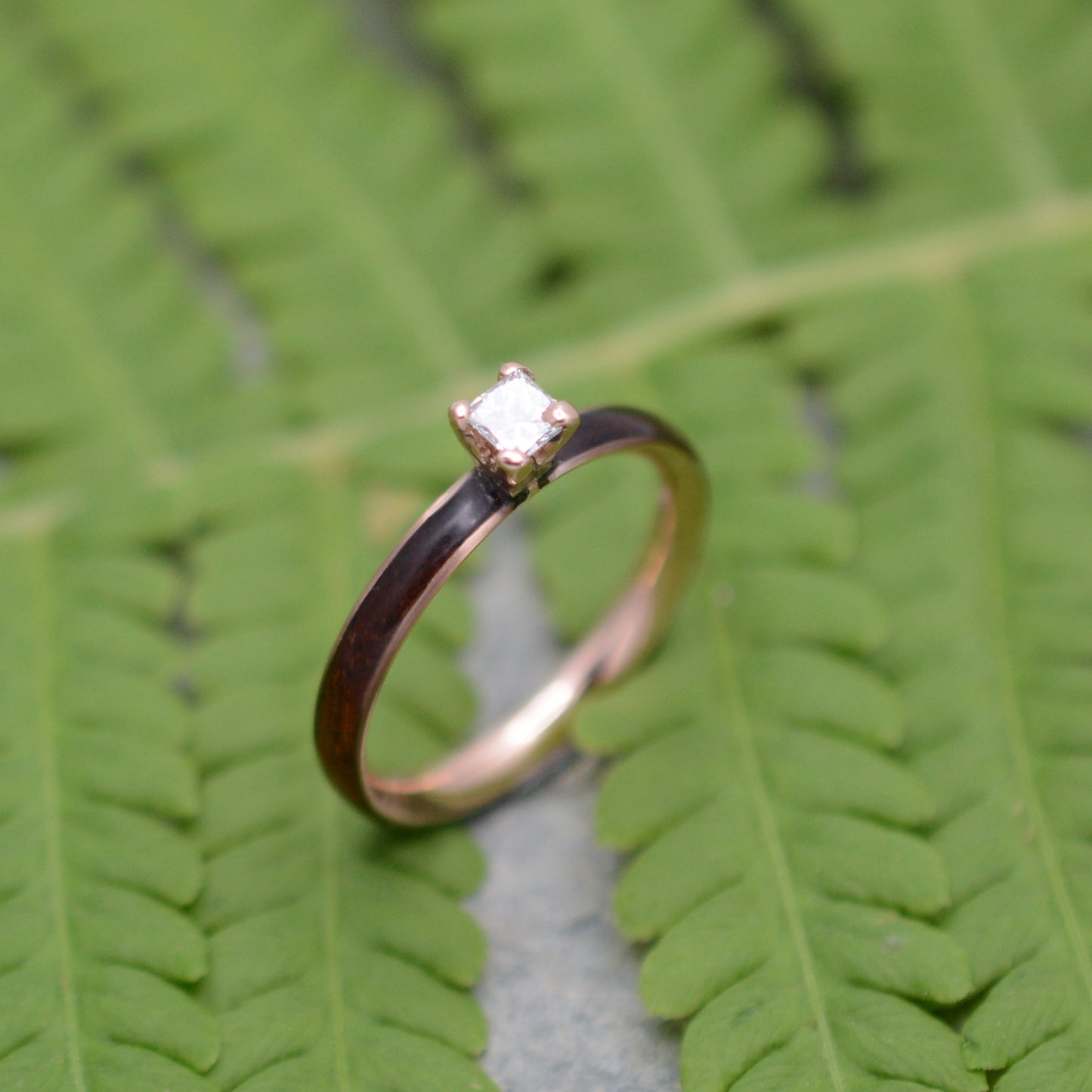 Rose Gold Princess Cut Diamond and Koa Wood Ring