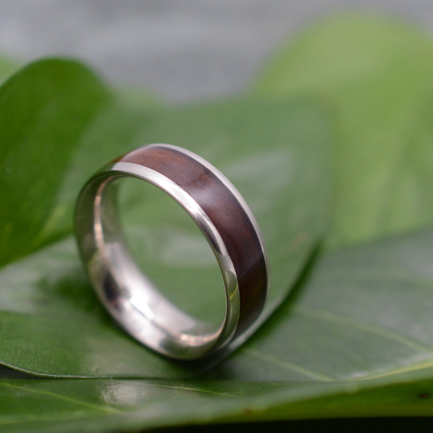 a wedding ring sitting on top of a green leaf