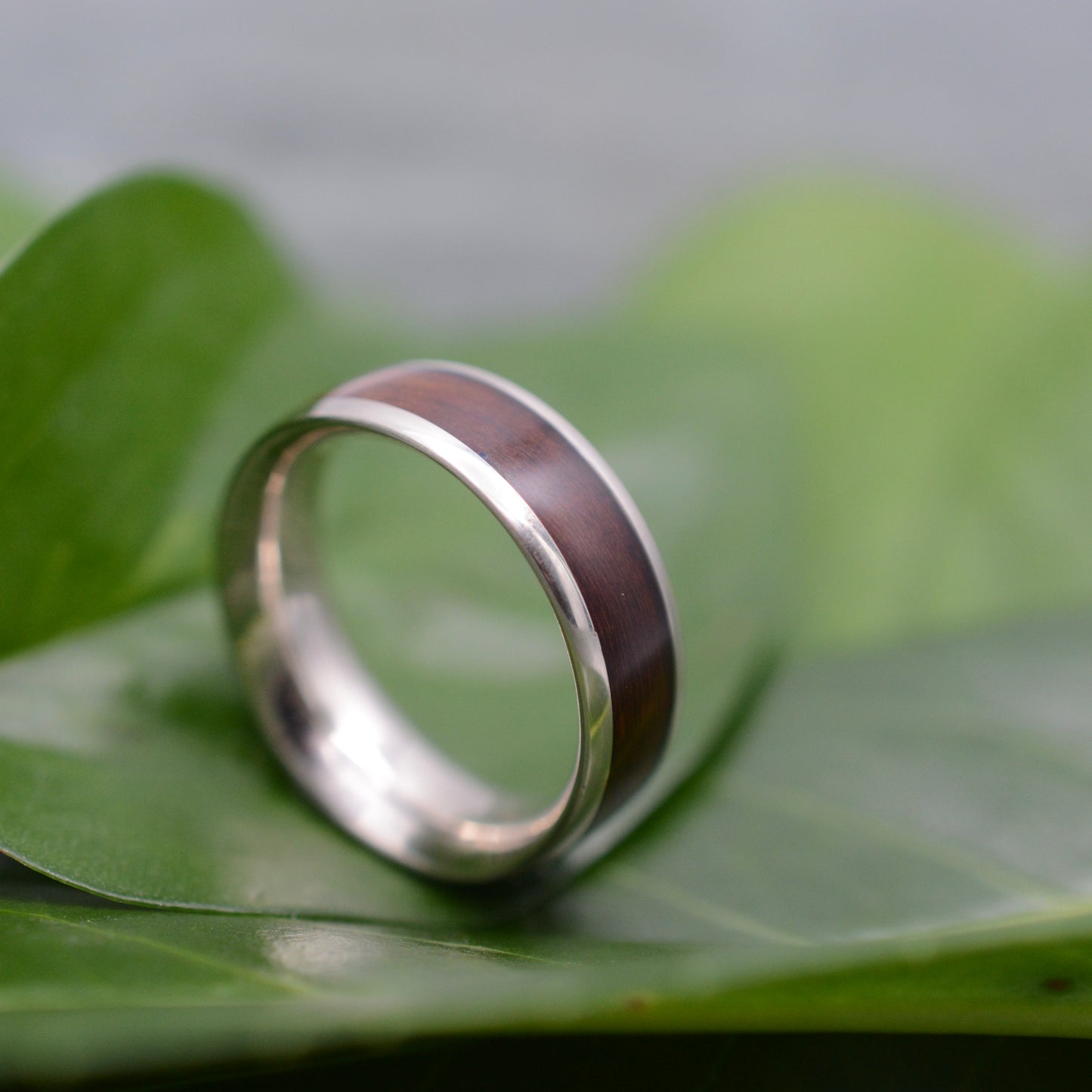 a wedding ring sitting on top of a green leaf