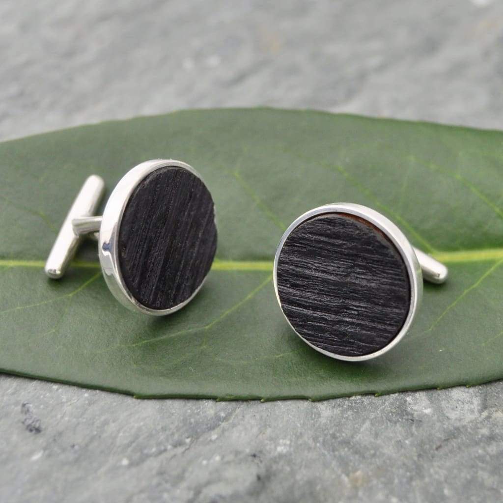 Circle Charred Bourbon Barrel Cufflinks in Sterling Silver - Naturaleza Organic Jewelry & Wood Rings