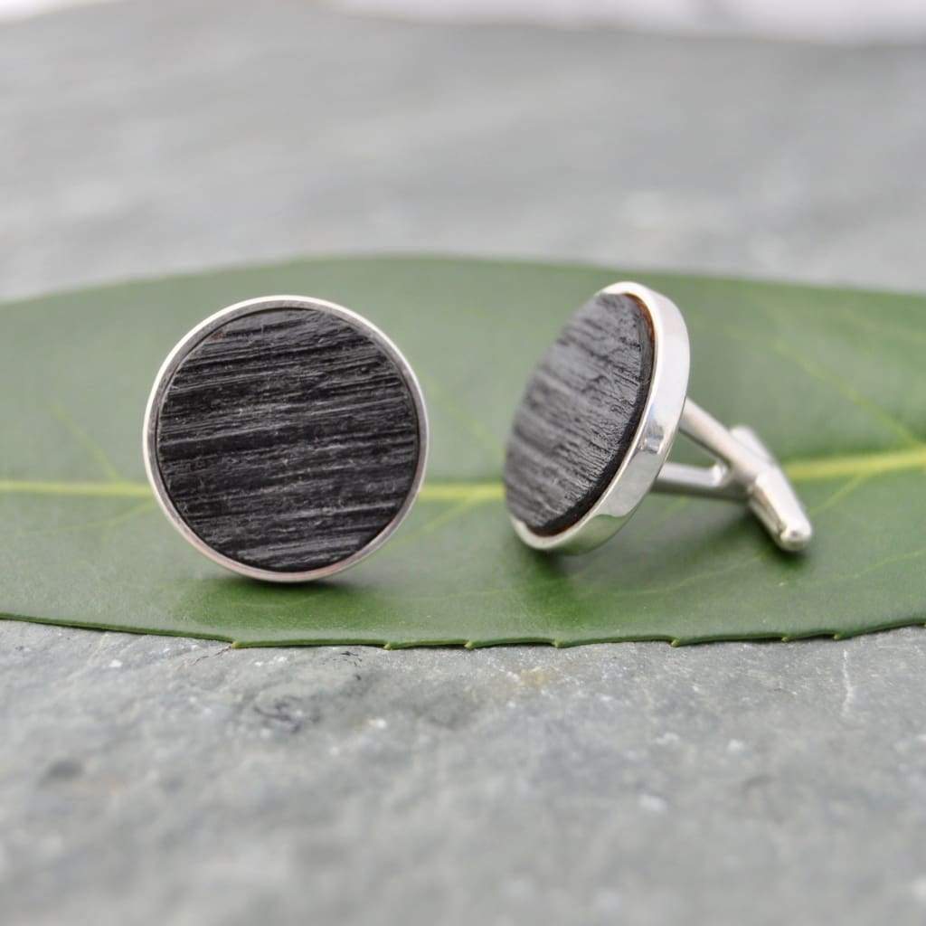 Circle Charred Bourbon Barrel Cufflinks in Sterling Silver - Naturaleza Organic Jewelry & Wood Rings