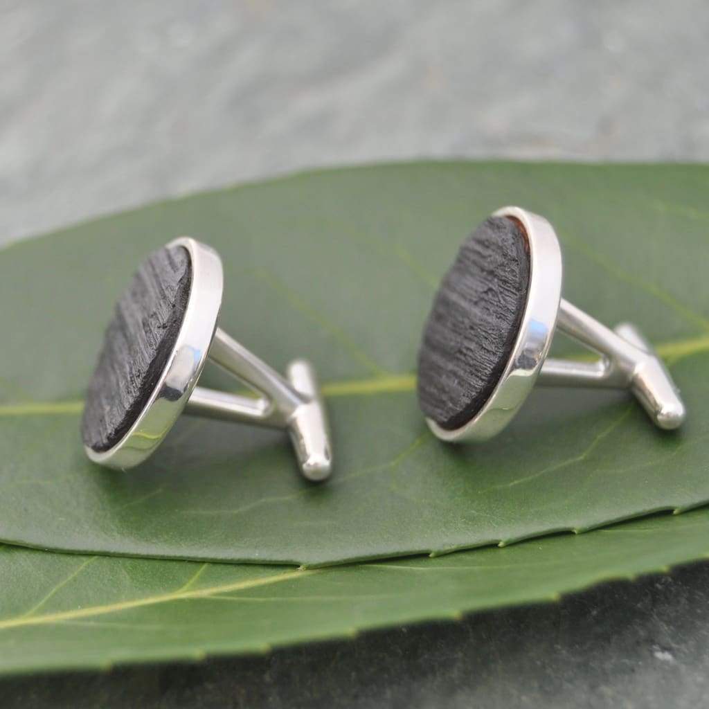 Circle Charred Bourbon Barrel Cufflinks in Sterling Silver - Naturaleza Organic Jewelry & Wood Rings