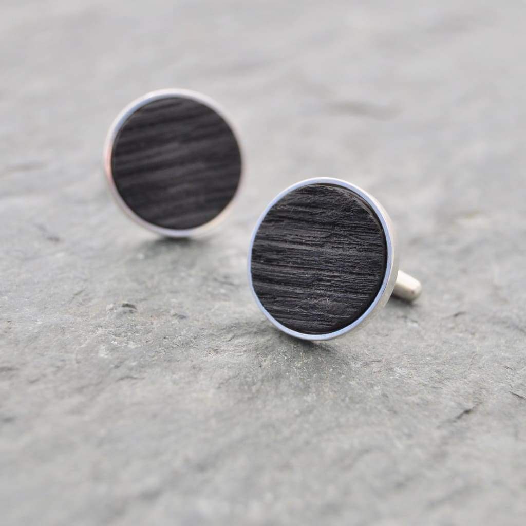 Circle Charred Bourbon Barrel Cufflinks in Sterling Silver - Naturaleza Organic Jewelry & Wood Rings