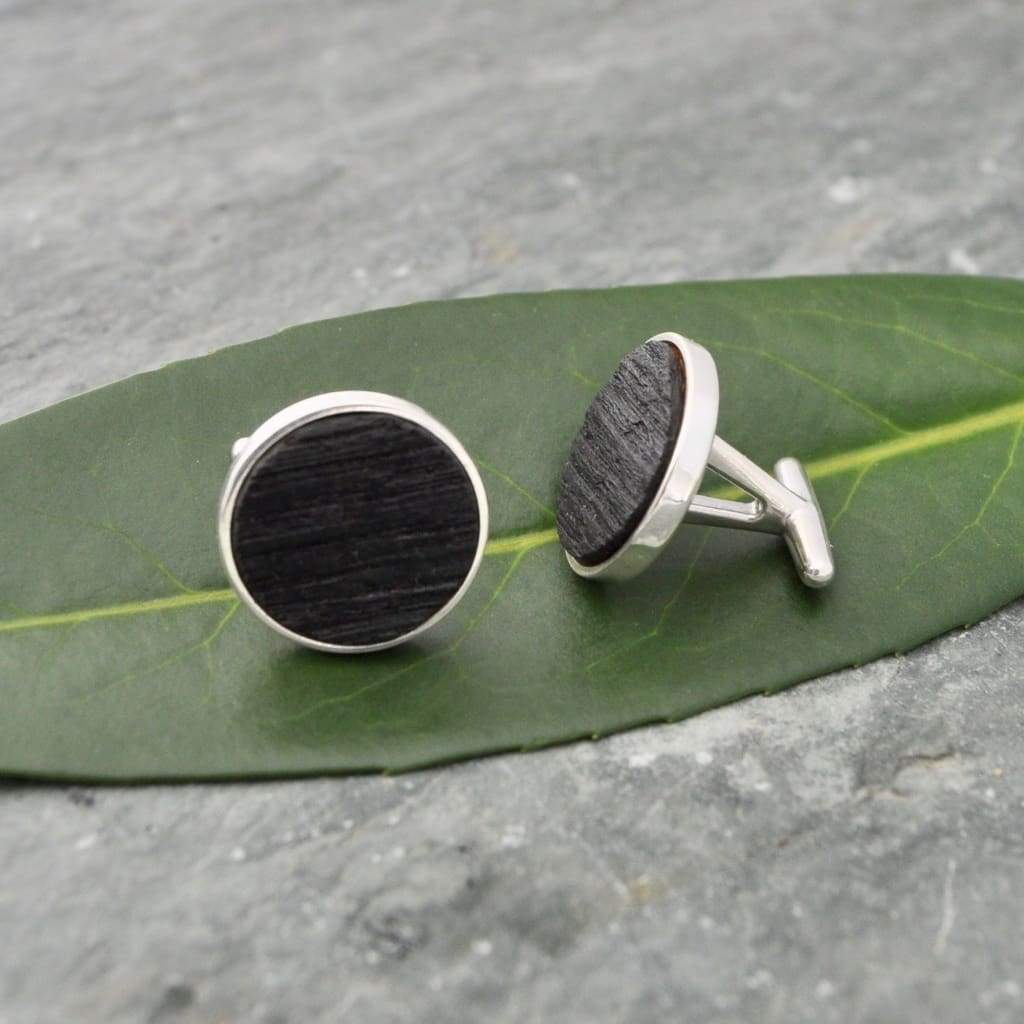 Circle Charred Bourbon Barrel Cufflinks in Sterling Silver - Naturaleza Organic Jewelry & Wood Rings