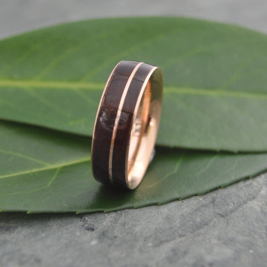 Rose Gold Wood Wedding Band Asi Rose Gold Wood Ring Recycled Rose Gold Wood Ring Mens Wooden Ring Comfort Fit Wood Ring