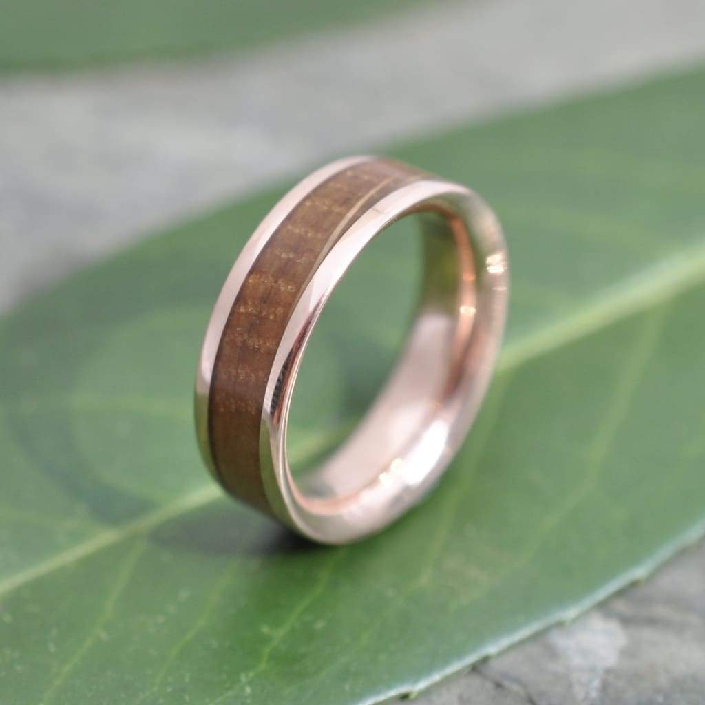 Rose Gold Bourbon Barrel Wood Ring Comfort Fit, Whiskey Barrel Ring, Bourbon Wood Ring, Mens Wood Wedding Band, Rose Gold Wedding Ring