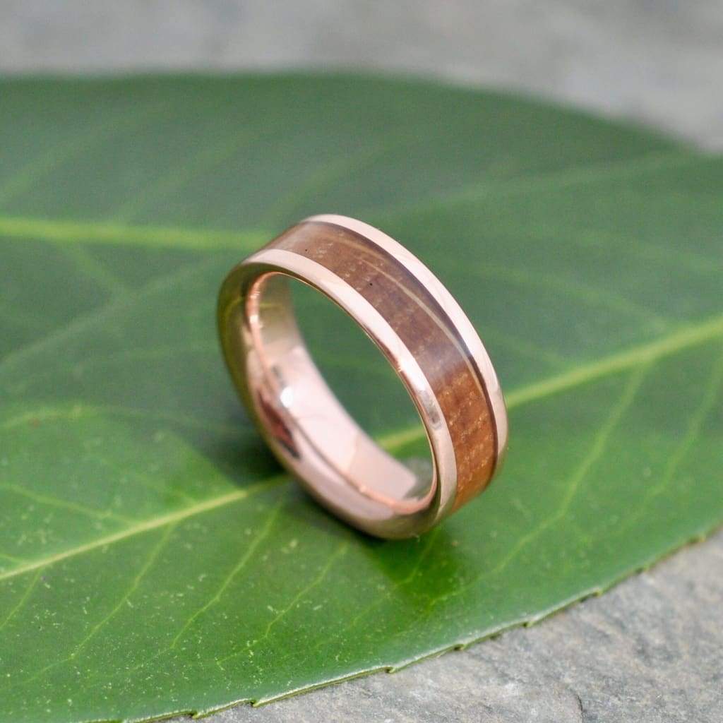 Rose Gold Bourbon Barrel Wood Ring Comfort Fit, Whiskey Barrel Ring, Bourbon Wood Ring, Mens Wood Wedding Band, Rose Gold Wedding Ring