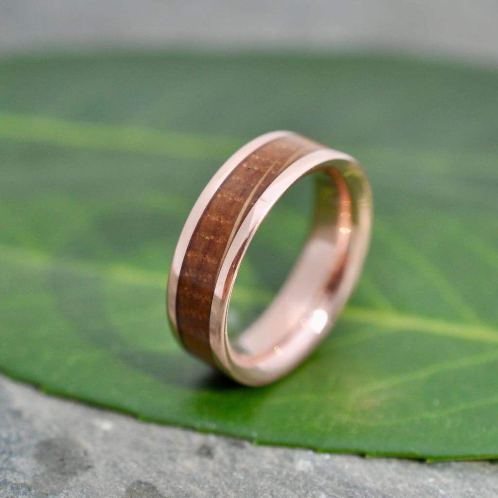 Rose Gold Bourbon Barrel Wood Ring Comfort Fit, Whiskey Barrel Ring, Bourbon Wood Ring, Mens Wood Wedding Band, Rose Gold Wedding Ring