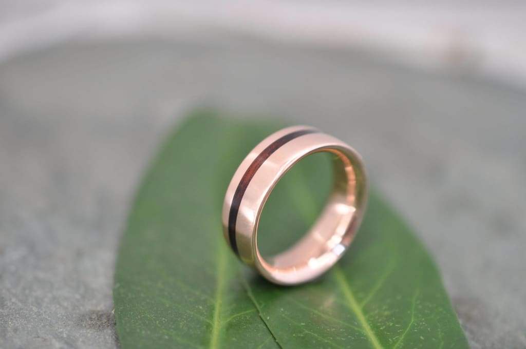 Koa Rose Gold Wood Wedding Ring, Equinox Rose Gold Inlay Wood Ring, Wood and Rose Gold Wedding Band, Eco friendly Recycled Rose Gold Ring