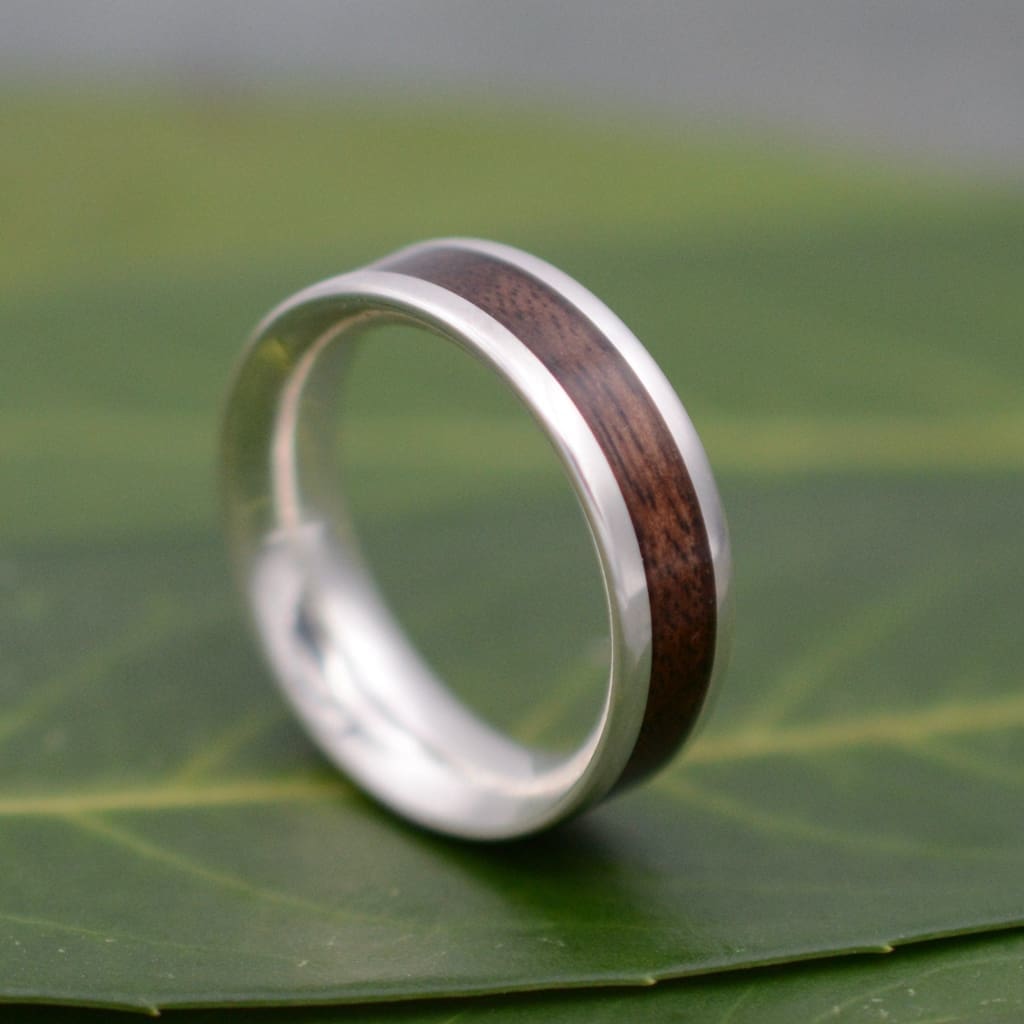 White Gold Lados Walnut Wood Ring, Ecofriendly White Gold Wood Wedding Band, 14k White Gold Wood Wedding Ring, Mens Gold Wood Ring