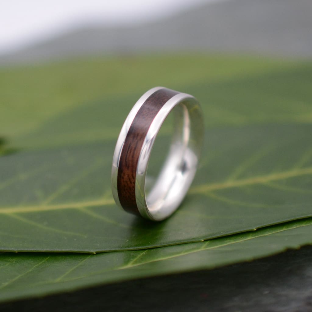 White Gold Lados Walnut Wood Ring, Ecofriendly White Gold Wood Wedding Band, 14k White Gold Wood Wedding Ring, Mens Gold Wood Ring