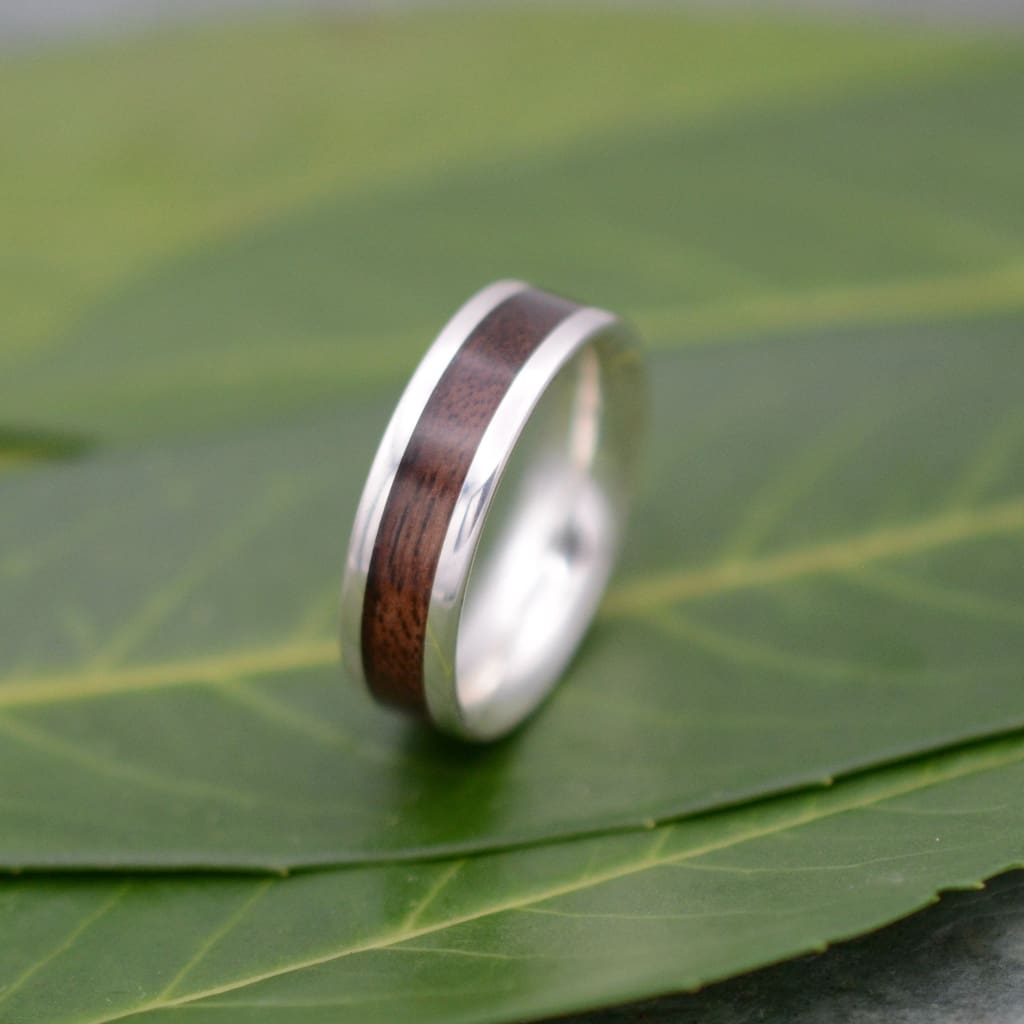 White Gold Lados Walnut Wood Ring, Ecofriendly White Gold Wood Wedding Band, 14k White Gold Wood Wedding Ring, Mens Gold Wood Ring