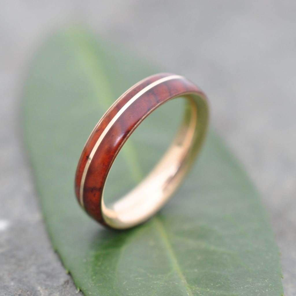 Cocobolo Rose Gold Wood Wedding Band, Nambaro Asi Rose Gold  Wood Ring, Rose Gold Wood Inlay Ring, Mens Wooden Ring, Comfort Fit Wood Ring