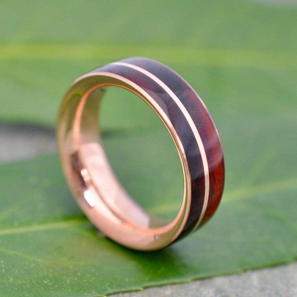 Cocobolo Rose Gold Wood Wedding Band, Nambaro Asi Rose Gold  Wood Ring, Rose Gold Wood Inlay Ring, Mens Wooden Ring, Comfort Fit Wood Ring