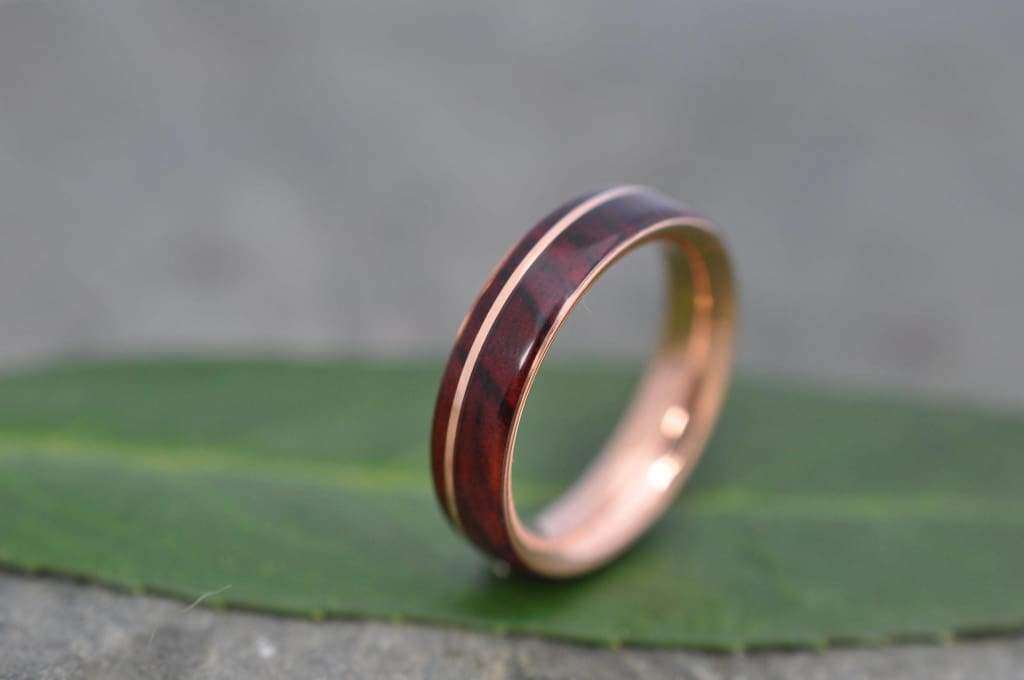 Cocobolo Rose Gold Wood Wedding Band, Nambaro Asi Rose Gold Wood Ring, Rose Gold Wood Inlay Ring, Mens Wooden Ring, Comfort Fit Wood Ring