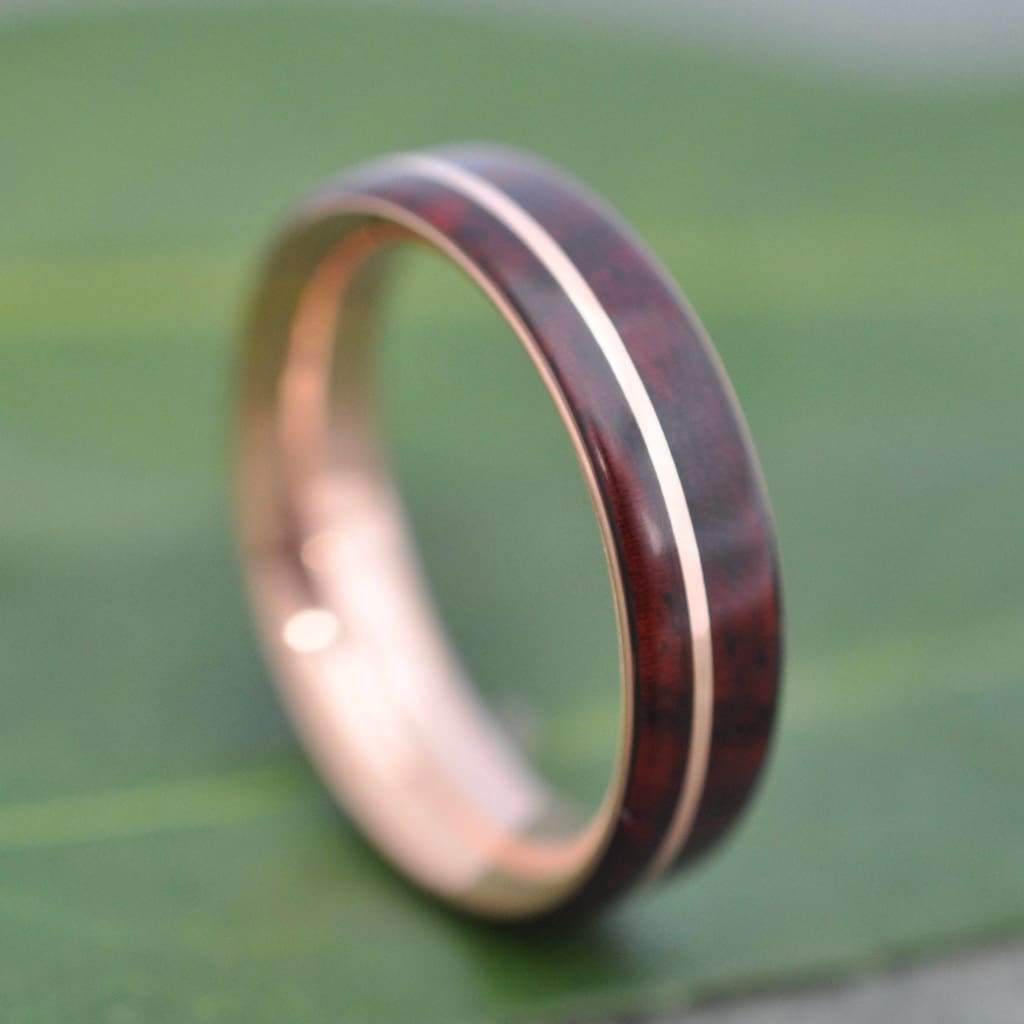 Cocobolo Rose Gold Wood Wedding Band, Nambaro Asi Rose Gold Wood Ring, Rose Gold Wood Inlay Ring, Mens Wooden Ring, Comfort Fit Wood Ring