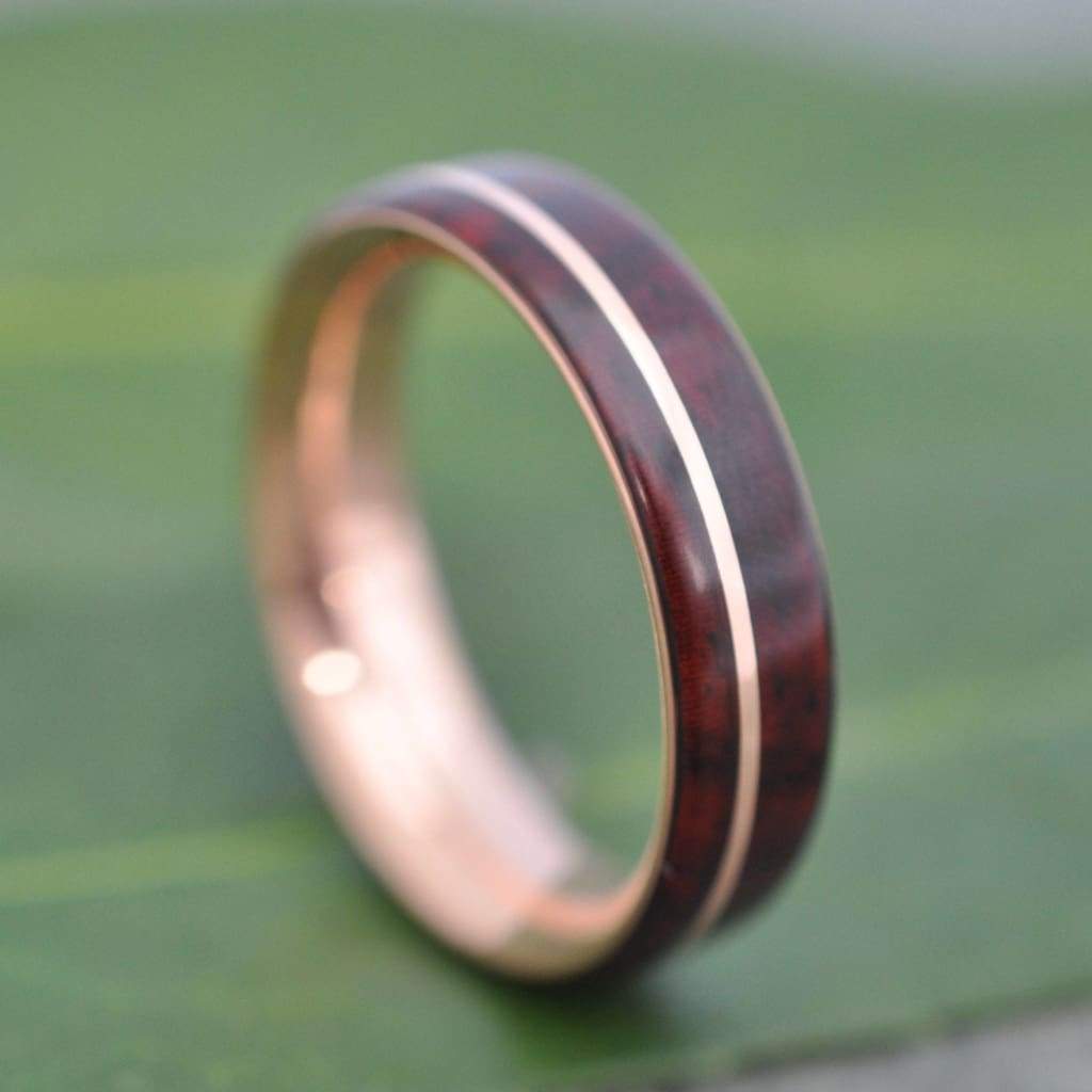 Cocobolo Rose Gold Wood Wedding Band, Nambaro Asi Rose Gold  Wood Ring, Rose Gold Wood Inlay Ring, Mens Wooden Ring, Comfort Fit Wood Ring