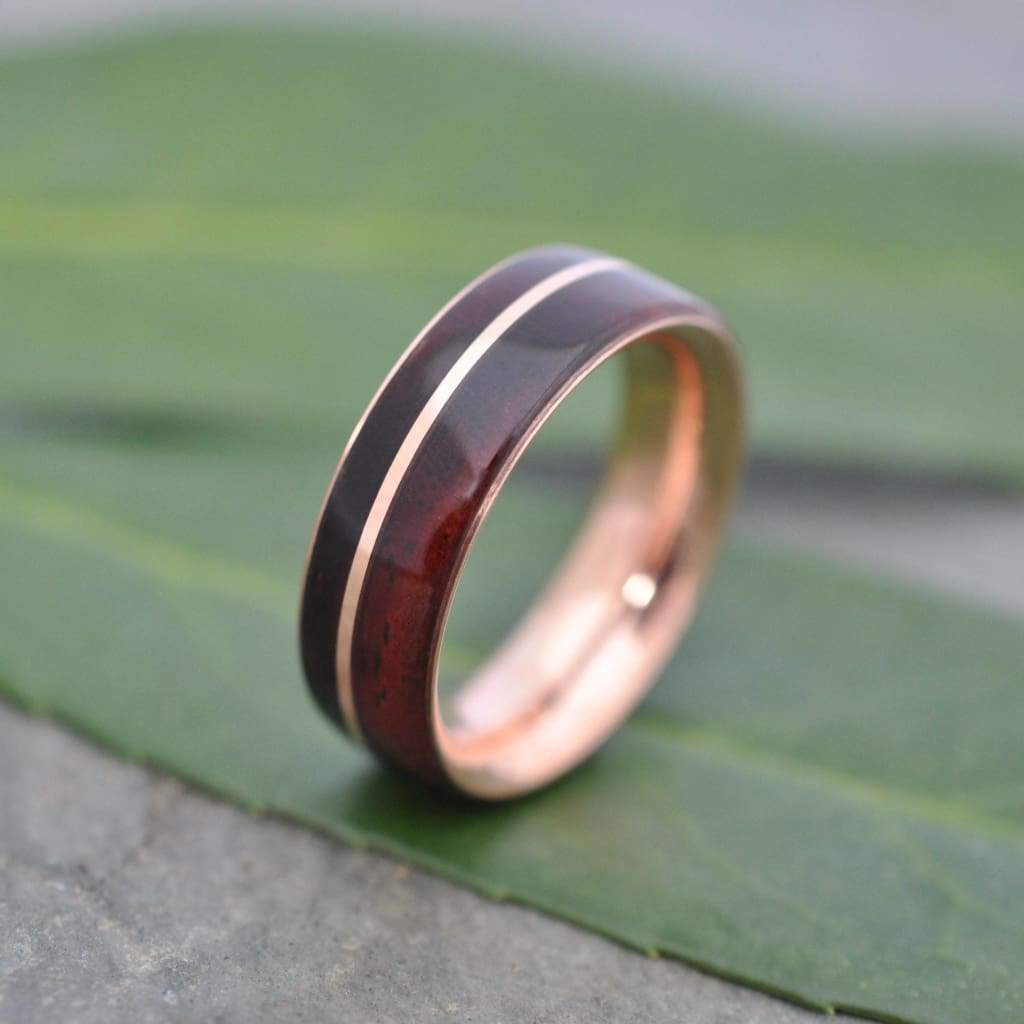 Cocobolo Rose Gold Wood Wedding Band, Nambaro Asi Rose Gold  Wood Ring, Rose Gold Wood Inlay Ring, Mens Wooden Ring, Comfort Fit Wood Ring