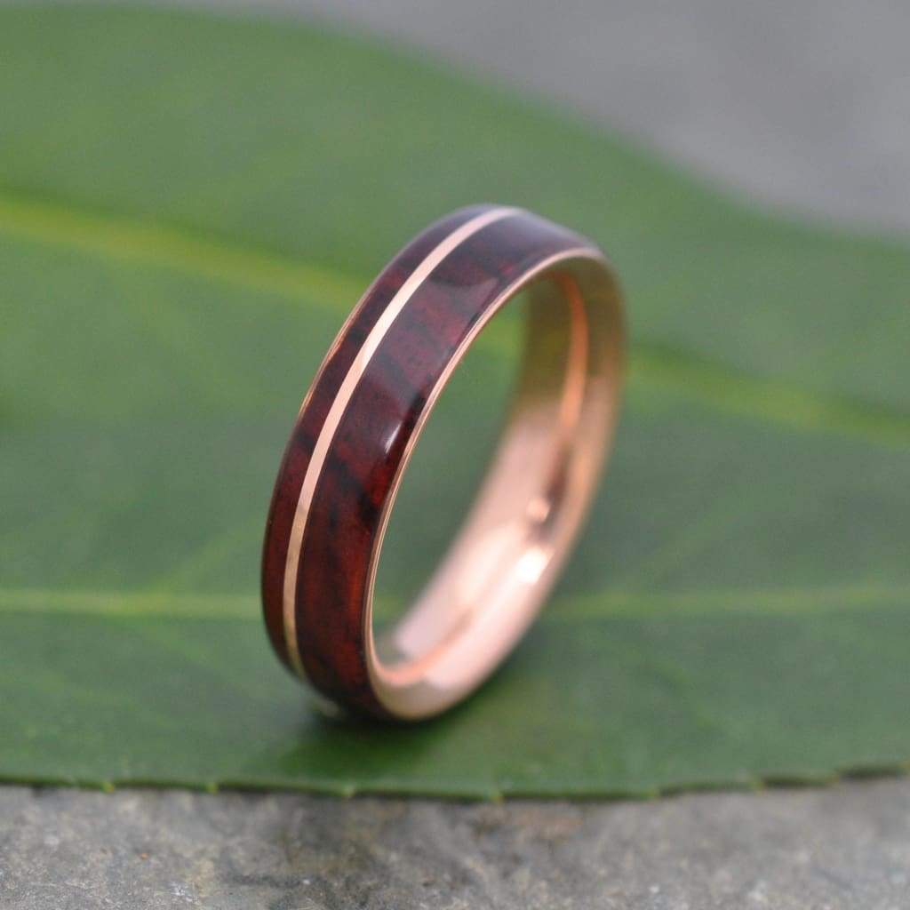 Cocobolo Rose Gold Wood Wedding Band, Nambaro Asi Rose Gold  Wood Ring, Rose Gold Wood Inlay Ring, Mens Wooden Ring, Comfort Fit Wood Ring