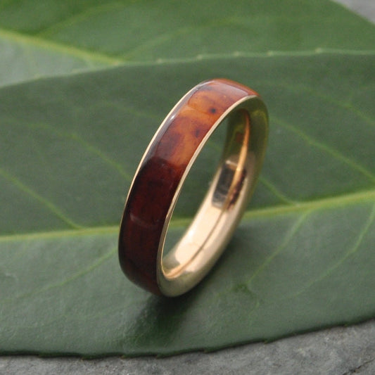 14k recycled yellow gold wedding band with cocobolo wood exterior, handcrafted men’s ring.