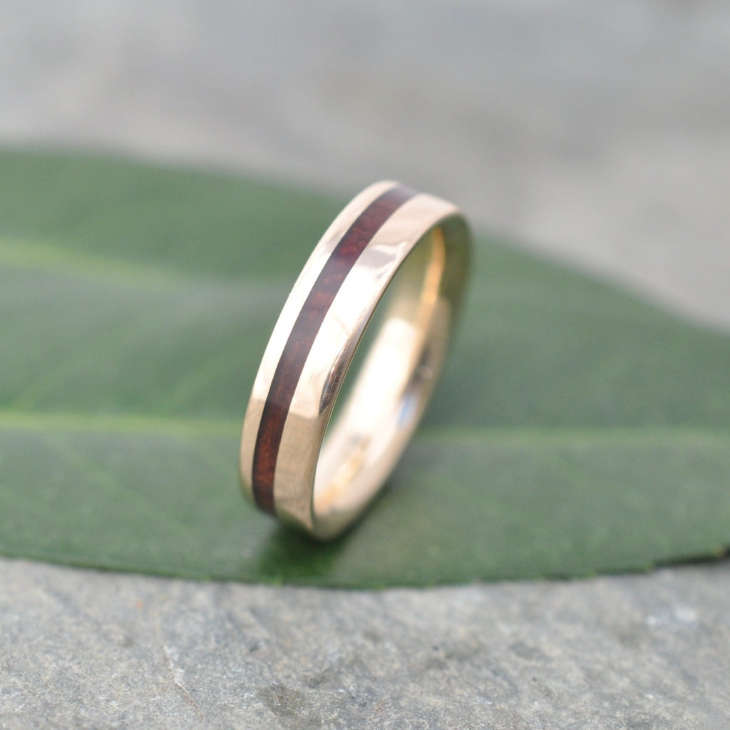 Yellow Gold Wood Inlay Ring Equinox Guapinol Comfort Fit Wood Ring Mens Wood Wedding Band Gold and Wood Wedding Ring