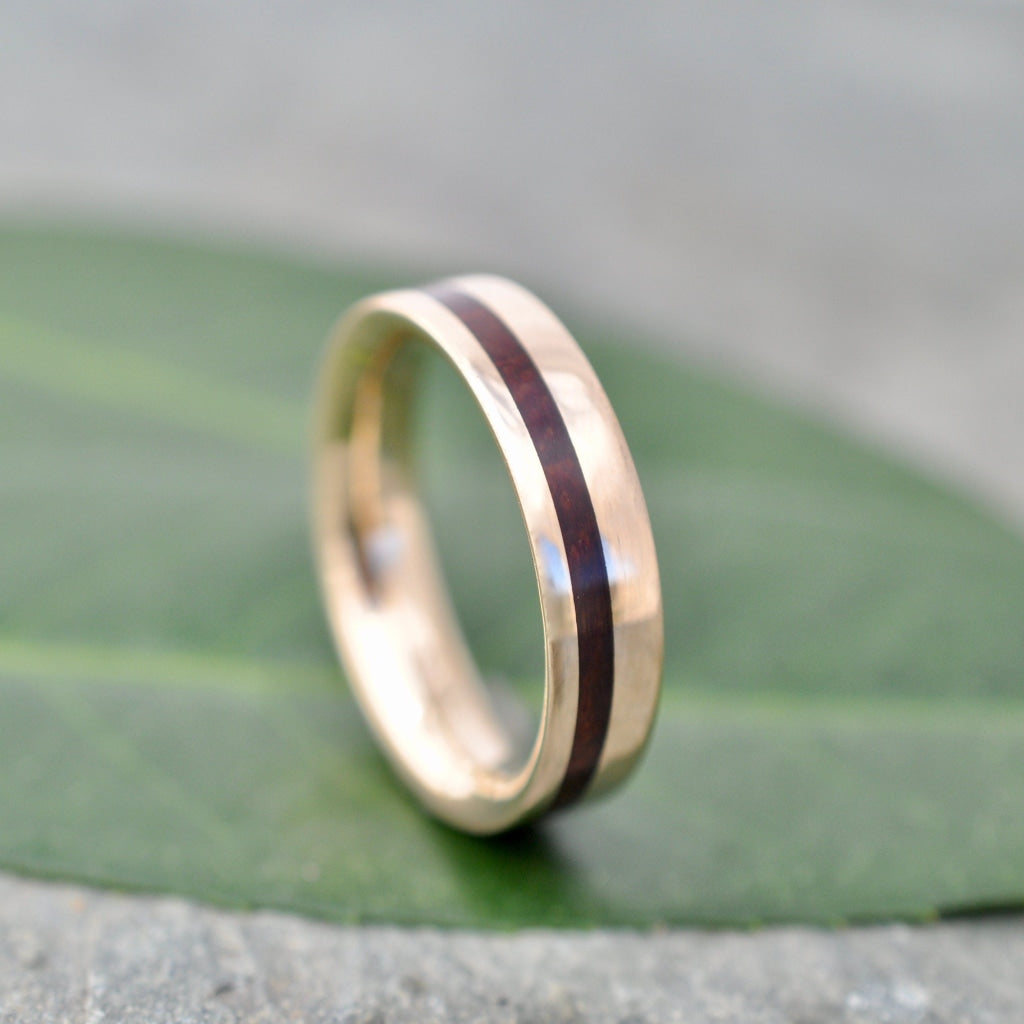 Yellow Gold Wood Inlay Ring Equinox Guapinol Comfort Fit Wood Ring Mens Wood Wedding Band Gold and Wood Wedding Ring