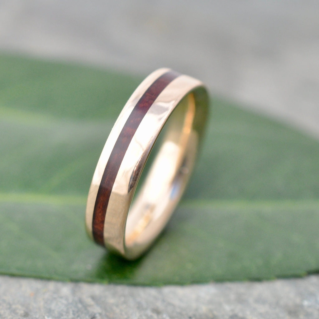 Yellow Gold Wood Inlay Ring Equinox Guapinol Comfort Fit Wood Ring Mens Wood Wedding Band Gold and Wood Wedding Ring