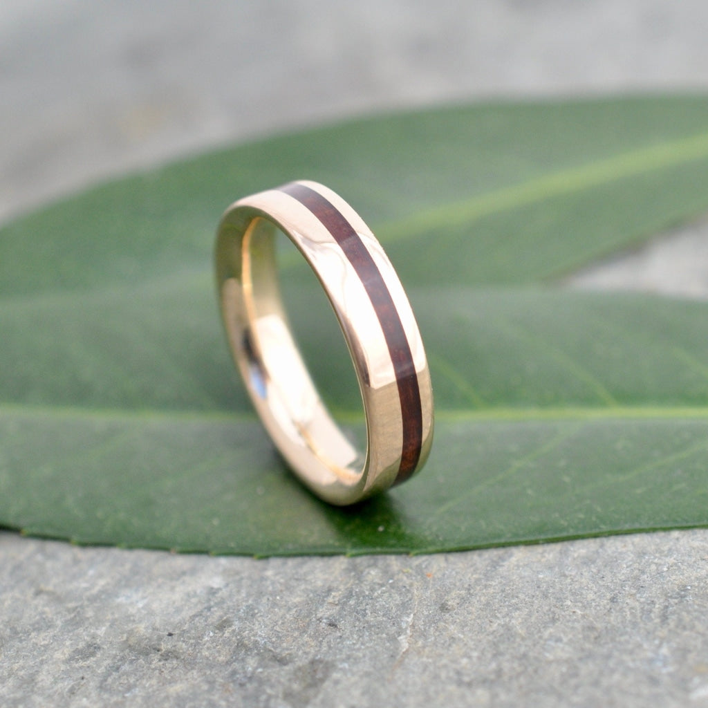 Yellow Gold Wood Inlay Ring Equinox Guapinol Comfort Fit Wood Ring Mens Wood Wedding Band Gold and Wood Wedding Ring