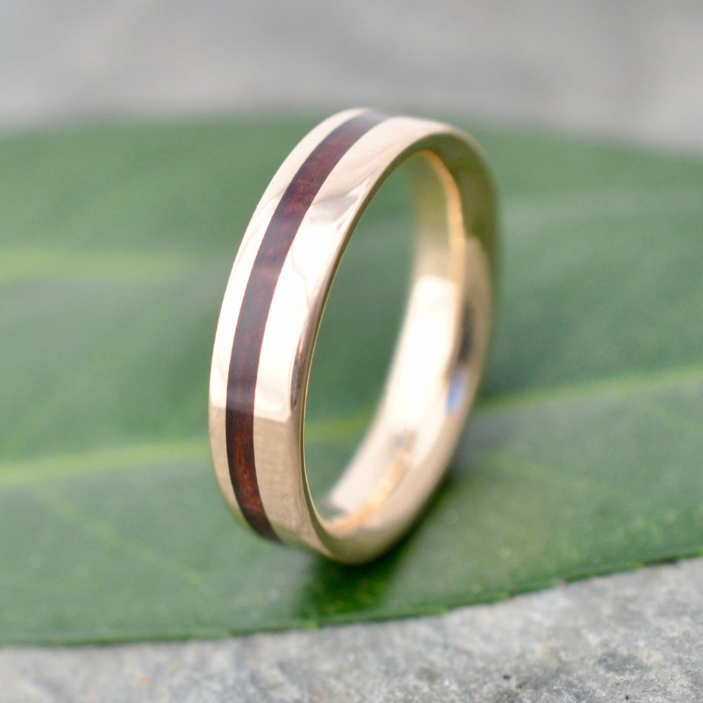 Yellow Gold Wood Inlay Ring Equinox Guapinol Comfort Fit Wood Ring Mens Wood Wedding Band Gold and Wood Wedding Ring