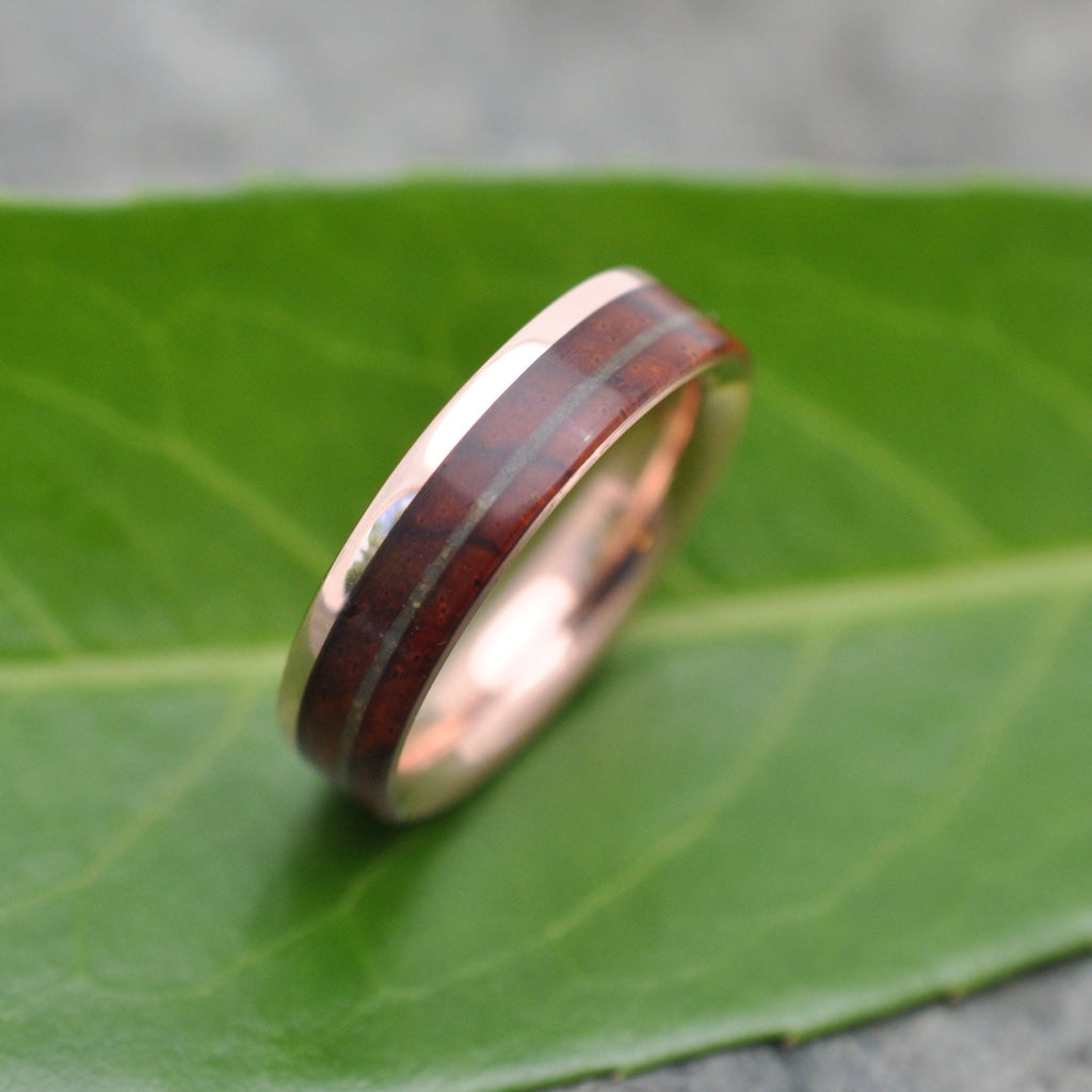 Yellow Gold Un Lado Asi Jade and Koa Wedding Ring 14k Recycled Gold Wood Wedding Band Gold Wood Wedding Ring Wood Wedding Band