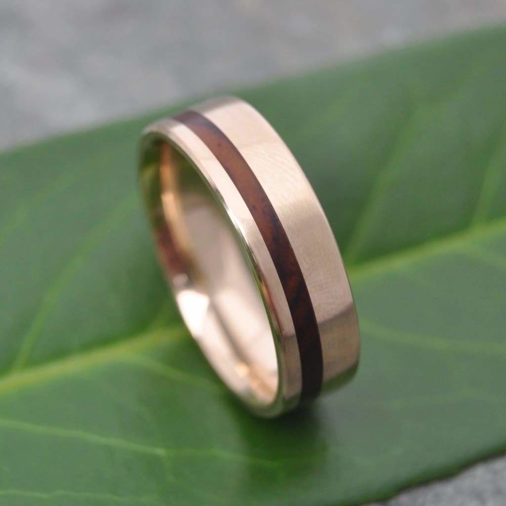 Yellow Gold Cocobolo Wood Wedding Ring, Comfort Fit Equinox Ñambaro - Naturaleza Organic Jewelry & Wood Rings