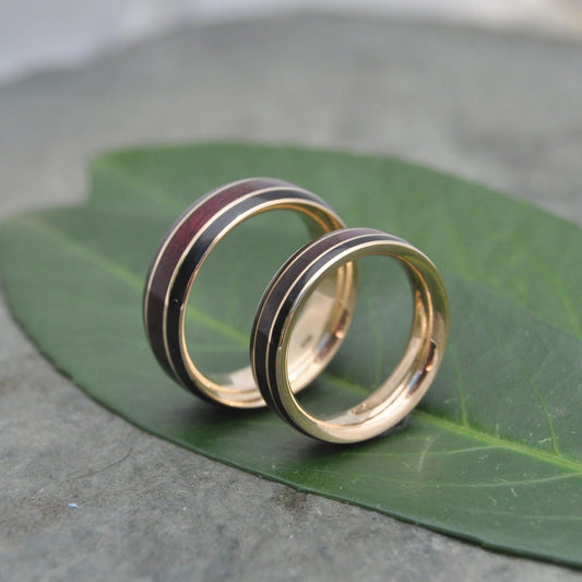 Recycled Gold Wood Wedding Bands with purpleheart inlay