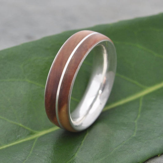 Asi Guayacán wood ring with thin sterling silver offset line and inner band