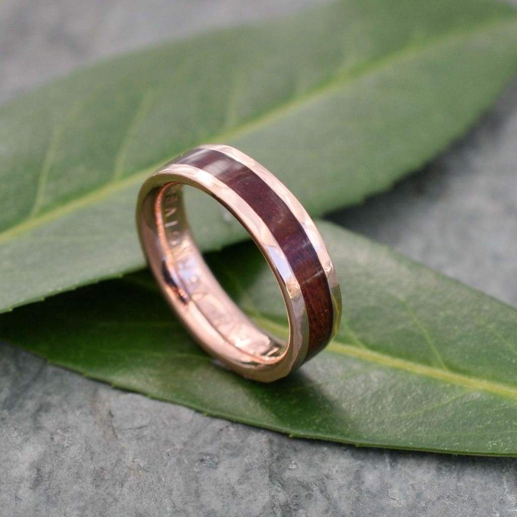 Hammered Lados Rose Gold Comfort Fit Carbon Wood Ring, Rose Gold Wood Wedding Band, Pink Gold Wedding Ring, Rose Gold Mens Wedding Band