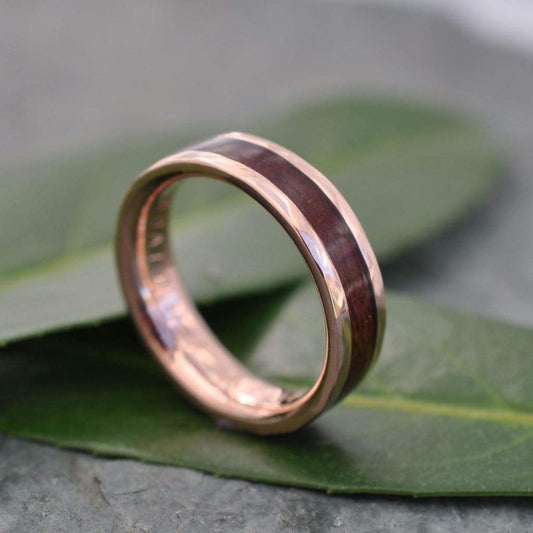 Hammered Lados Rose Gold Comfort Fit Carbon Wood Ring, Rose Gold Wood Wedding Band, Pink Gold Wedding Ring, Rose Gold Mens Wedding Band
