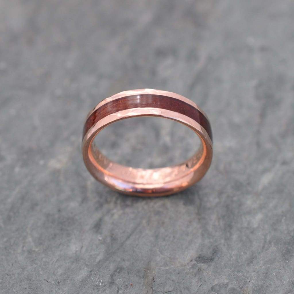 Hammered Lados Rose Gold Comfort Fit Carbon Wood Ring, Rose Gold Wood Wedding Band, Pink Gold Wedding Ring, Rose Gold Mens Wedding Band