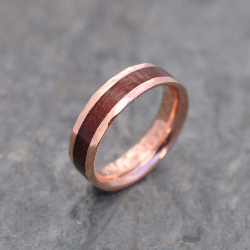 Hammered Lados Rose Gold Comfort Fit Carbon Wood Ring, Rose Gold Wood Wedding Band, Pink Gold Wedding Ring, Rose Gold Mens Wedding Band