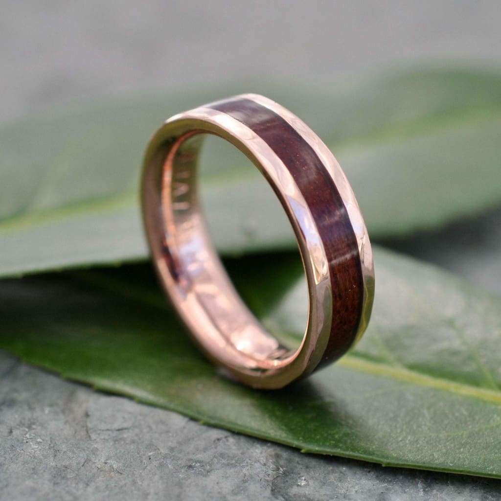 Hammered Lados Rose Gold Comfort Fit Carbon Wood Ring, Rose Gold Wood Wedding Band, Pink Gold Wedding Ring, Rose Gold Mens Wedding Band