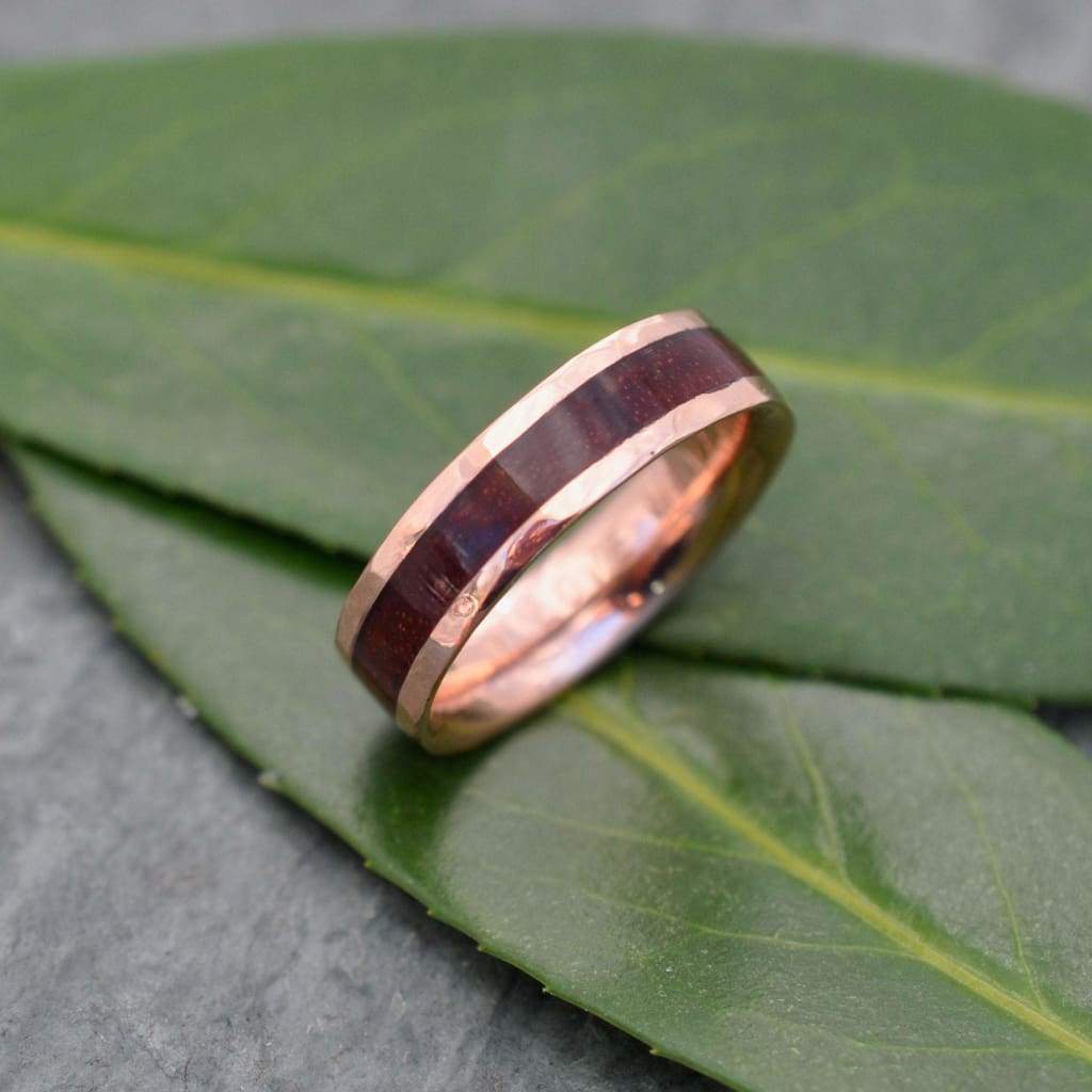 Hammered Lados Rose Gold Comfort Fit Carbon Wood Ring, Rose Gold Wood Wedding Band, Pink Gold Wedding Ring, Rose Gold Mens Wedding Band