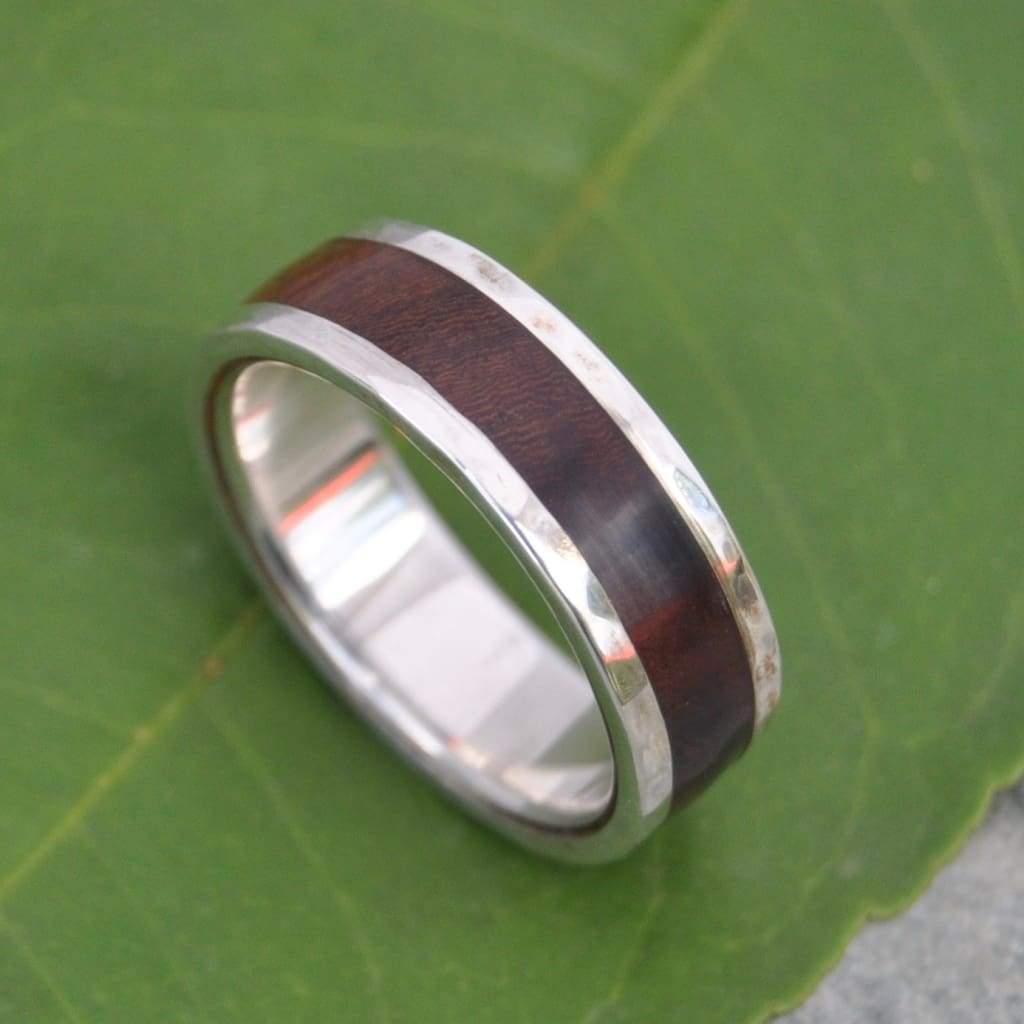 Hammered Lados Nacascolo Wood Ring with Recycled Sterling Silver - Naturaleza Organic Jewelry & Wood Rings