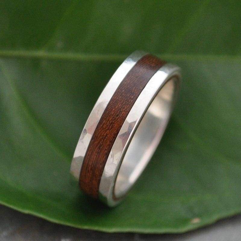 Hammered Lados Nacascolo Wood Ring with Recycled Sterling Silver - Naturaleza Organic Jewelry & Wood Rings