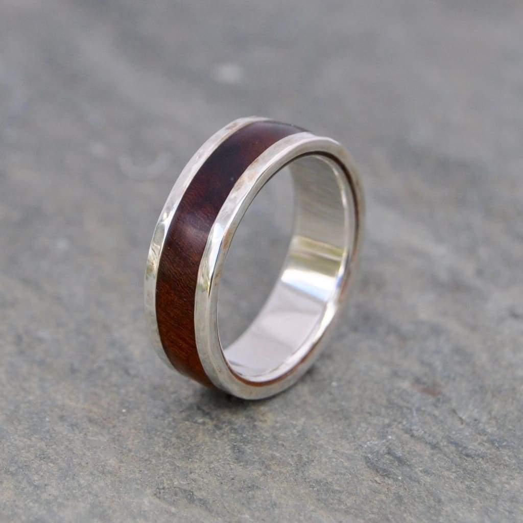 Hammered Lados Nacascolo Wood Ring with Recycled Sterling Silver - Naturaleza Organic Jewelry & Wood Rings