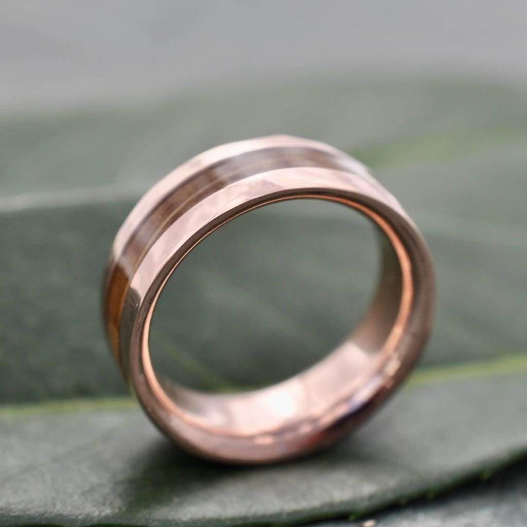 Hammered Lados Rose Gold Comfort Fit Bourbon Barrel Wood Ring, Rose Gold Wood Wedding Band, Pink Gold Wedding Ring, Rose Gold Mens Band